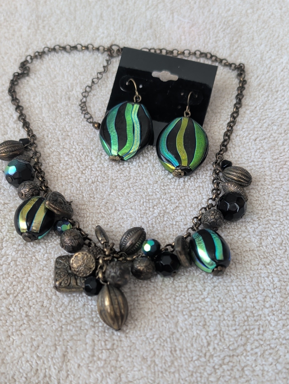 Green and Black Statement Necklace & Earring Set